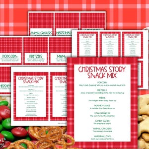 May include: A collection of printable cards featuring a red and white plaid border and the text Christmas Story Snack Mix. The cards list snack items like popcorn, pretzels, M&Ms, Hershey Kisses, star sprinkles, candy canes, and animal crackers.