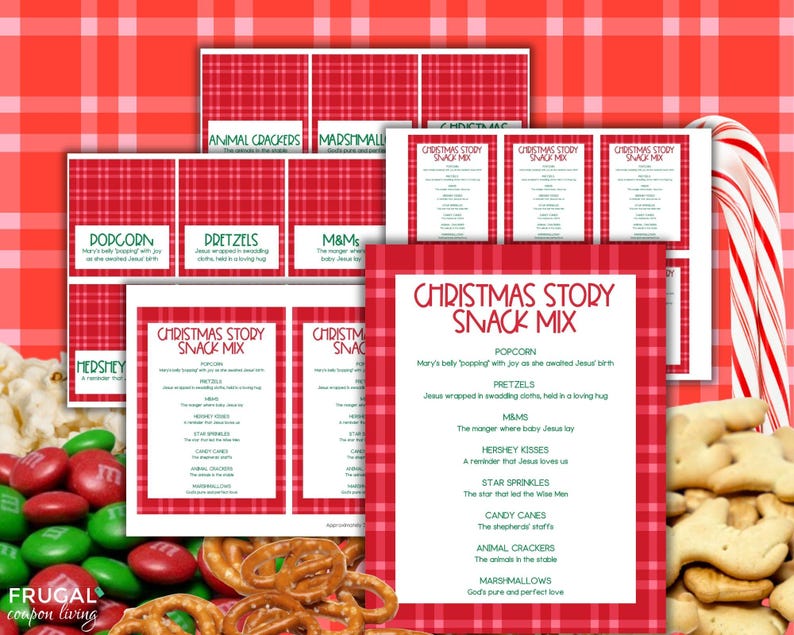 May include: A collection of printable cards featuring a red and white plaid border and the text Christmas Story Snack Mix. The cards list snack items like popcorn, pretzels, M&Ms, Hershey Kisses, star sprinkles, candy canes, and animal crackers.