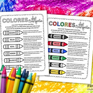 May include: A printable worksheet with the title "Colores del Evangelio" in Spanish. The worksheet features a list of colors with corresponding Bible verses. The colors are black, red, blue, green, white, and yellow.