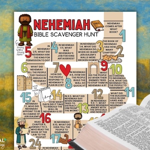 May include: A colorful Bible scavenger hunt chart for the book of Nehemiah, featuring illustrations and questions. The chart includes numbered prompts and text, designed for interactive learning and study of the Bible.