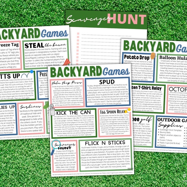 Fun Outdoor Games Printable | 18 Backyard Games for Kids, Teens & Adults - Boredom Busters Activities Directions and Supply List PDF