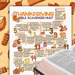 Thanksgiving Scavenger Hunt, Christian Thanksgiving Trivia Printable Bible Verses on Thanksgiving, Sunday School Trivia Game Bible Questions