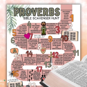May include: A colorful Bible scavenger hunt poster with the title "Proverbs" and various questions and prompts. The poster includes illustrations and text, with a book open in the foreground.