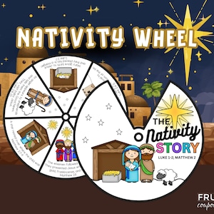Nativity Craft Christmas Sunday School Lesson | Kids&#39; Nativity Coloring Wheel Activity | Birth of Jesus Story with Pictures Printable Craft