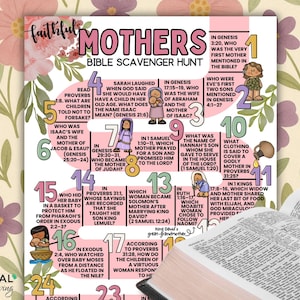 Moms of the Bible Scavenger Hunt, Godly Women of Faith Game Sheet, Mother's Day Trivia Scripture Activity: Mary, Eve, Ruth, Proverbs, More