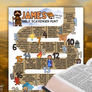 以下が含まれることがあります： 「James」というタイトルと「Faith that Works!」というフレーズが入った、カラフルな聖書宝探しゲーム。ゲームには、イラスト入りのキャラクターと、ヤコブの手紙からの質問が掲載されています。左下には「Frugal Coupon Living」というテキストがあります。