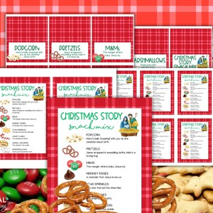 May include: A collection of printable Christmas Story snack mix cards featuring a red and white plaid background. Each card lists snack items like popcorn, pretzels, M&Ms, Hershey Kisses, star sprinkles, candy canes, and animal crackers with text.