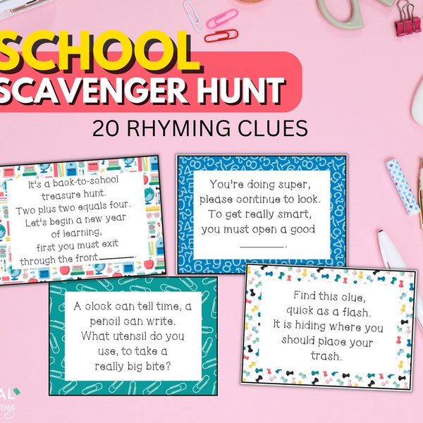 Back to School Scavenger Hunt Riddles for Kids PDF | 20 Rhyming School Supplies Treasure Hunt Clues | Digital First Day of School Printable