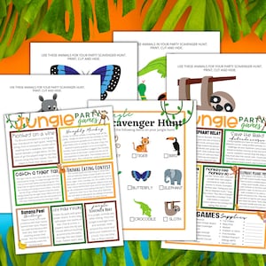 May include: A printable jungle party game set with instructions for games like "Monkey on a Vine", "Naughty Monkey", "Catch a Tiger Tail", "Animal Eating Contest", "Banana Peel Challenge", "Lily Pad Relay", and "Jungle Scavenger Hunt". The games feature jungle animals like monkeys, tigers, elephants, butterflies, crocodiles, and sloths.