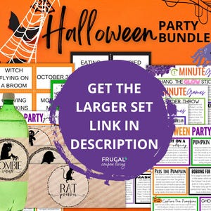 Op de afbeelding: Een Halloween-feestpakket met spelafdrukken, labels en decoraties. De afbeelding toont een groene fles met een "Zombie Virus" label, spinnenwebben en de tekst "Get the larger set link in description."