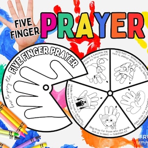 May include: A colorful educational graphic with the words "Five Finger Prayer" and a hand outline. The image includes a circular diagram with hand illustrations and text, along with crayons and handprints.