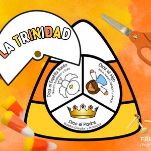 Puede incluir: Una manualidad de papel con forma de caramelo de maíz con el texto LA TRINIDAD, que incluye ilustraciones de una paloma, una figura y una corona. La manualidad contiene secciones etiquetadas como Dios el Espíritu Santo, Dios el Hijo y Dios el Padre, junto con unas tijeras naranjas y tres encuadernadores.