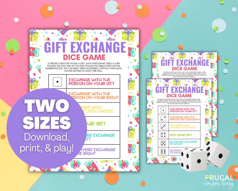 May include: Two printable gift exchange game cards with a colorful gift box pattern. The cards feature instructions for a dice game with different actions for each number rolled. The text on the cards reads "Gift Exchange Dice Game".