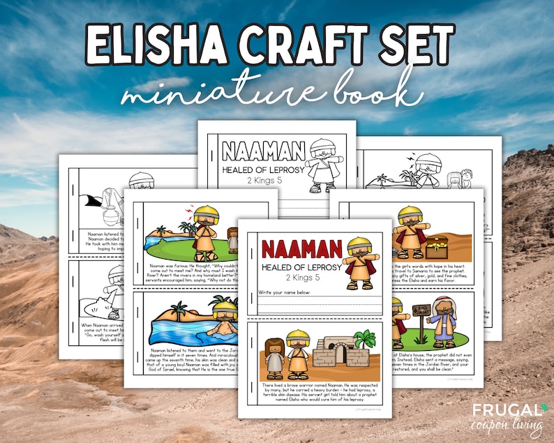 May include: Black and white printable craft set for kids to make a miniature book about the biblical story of Naaman being healed of leprosy by Elisha. The pages include illustrations and text from the story in 2 Kings 5.