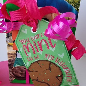 K&ouml;nnte beinhalten: Ein gr&uuml;nes Geschenkanh&auml;nger mit einem Schokoladenkeksbild und dem Text "You were mint to be my Valentine". Der Anh&auml;nger ist mit einem rosa Band an einer Schachtel Girl Scout Thin Mints Kekse gebunden.