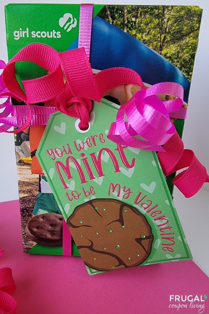 K&ouml;nnte beinhalten: Ein gr&uuml;nes Geschenkanh&auml;nger mit einem Schokoladenkeksbild und dem Text "You were mint to be my Valentine". Der Anh&auml;nger ist mit einem rosa Band an einer Schachtel Girl Scout Thin Mints Kekse gebunden.