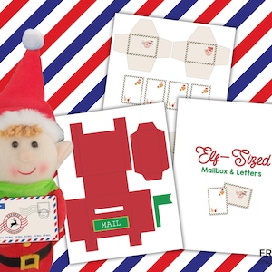 Puede incluir: Un muñeco de elfo con traje y gorro rojos, sosteniendo una carta con diseño de sello postal. Junto al elfo, plantillas de papel para un buzón y cartas tamaño elfo, con el texto "Elf-Sized Mailbox & Letters".