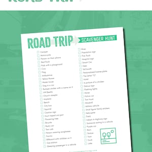 May include: A white paper with a teal border lists a "Road Trip Scavenger Hunt" with checkboxes. The title "Road Trip" is in large teal letters, with "Scavenger Hunt" in smaller teal letters. The list includes items like "Camper" and "Fire Truck".