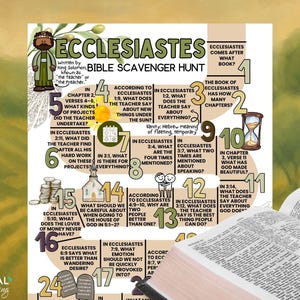 Puede incluir: Un colorido cuadro de búsqueda del tesoro bíblico para el libro de Eclesiastés, con preguntas y respuestas numeradas. El cuadro incluye ilustraciones y texto, con un libro en primer plano.