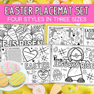 May include: A set of four printable Easter placemats featuring different designs, including a word search, a coloring page, a 'He is Risen' design, and an 'I Spy' game. The placemats are black and white and can be printed in three different sizes.