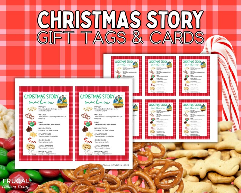 May include: A set of printable Christmas Story snack mix cards featuring a red plaid border and text detailing ingredients like popcorn, pretzels, M&Ms, Hershey Kisses, star sprinkles, candy canes, animal crackers, and marshmallows.