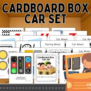 Juego de autos con cajas de cartón para imprimir, actividad de manualidades con cajas para niños, PDF de 22 páginas, fiesta de simulación de autos de carreras o películas con cajas de cartón fáciles de hacer