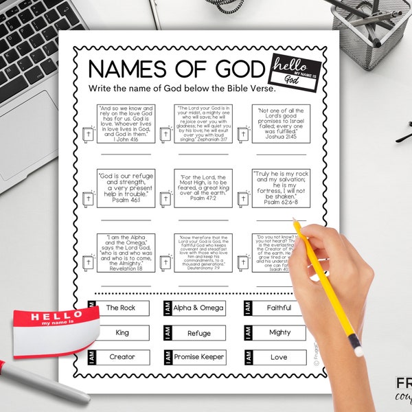 Names of God Printable Worksheet, 9 Names of God and their Meaning with Bible Verses, Teach Kids the Attributes of God, Sunday School Lesson