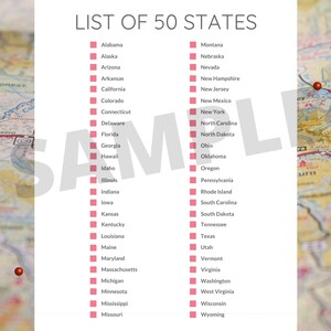 May include: A white paper listing the 50 US states, each with a pink square. The title "LIST OF 50 STATES" is at the top. The background is a map with red pins. The word "SAMPLE" is printed across the page.