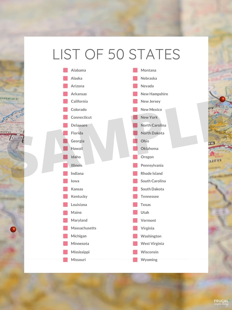 May include: A white paper listing the 50 US states, each with a pink square. The title "LIST OF 50 STATES" is at the top. The background is a map with red pins. The word "SAMPLE" is printed across the page.