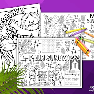 May include: Three black and white Palm Sunday activity sheets with illustrations of Jesus, a donkey, and palm branches. One sheet says "Hosanna!" and another has an "I Spy" game. Crayons are scattered across the sheets.