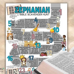 Peut inclure: Un guide d'étude biblique coloré intitulé "Zephaniah Bible Scavenger Hunt" avec des questions et des références. Le guide présente des illustrations, dont un balai, un soleil et un bâtiment, pour explorer le livre de Sophonie.