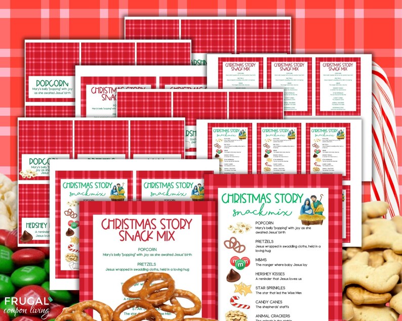 May include: A collection of printable Christmas Story snack mix cards featuring a red and white plaid border. Each card lists snack items like popcorn, pretzels, M&Ms, Hershey Kisses, star sprinkles, candy canes, and animal crackers with religious meanings.