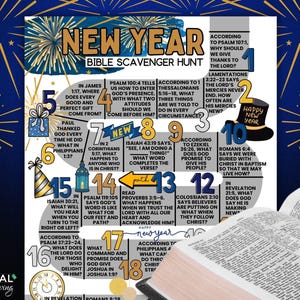May include: A colorful New Year Bible Scavenger Hunt graphic with text prompts and scripture references. Includes a "Happy New Year" top hat graphic and open Bible. The design features fireworks and a "Frugal Coupon Living" logo.