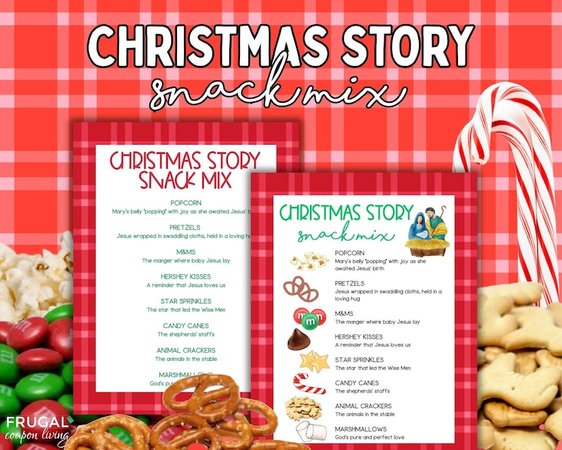 May include: Two rectangular cards titled Christmas Story Snack Mix with red plaid borders. The cards list ingredients like popcorn, pretzels, M&Ms, Hershey Kisses, star sprinkles, candy canes, animal crackers, and marshmallows with religious meanings.