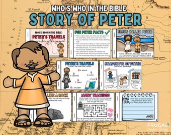 Op de afbeelding: Een educatief boekje getiteld Who's Who in the Bible: Story of Peter, met een cartoonillustratie van Petrus in een beige tuniek. De pagina's bevatten tekst, kaarten, weetjes, een doolhof en een gebedsgedeelte op een achtergrond van een oude kaart.