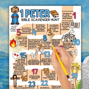 Puede incluir: Un colorido cuadro de búsqueda del tesoro bíblico para el libro de 1 Pedro, con ilustraciones y preguntas. El cuadro incluye el texto "1 Pedro Búsqueda del tesoro bíblico" y varias preguntas sobre el libro de 1 Pedro.