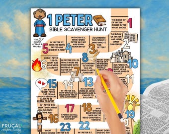 Op de afbeelding: Een kleurrijke Bijbelse speurtochtkaart voor het boek 1 Petrus, met illustraties en vragen. De kaart bevat de tekst "1 Petrus Bijbelse speurtocht" en verschillende vragen over het boek 1 Petrus.