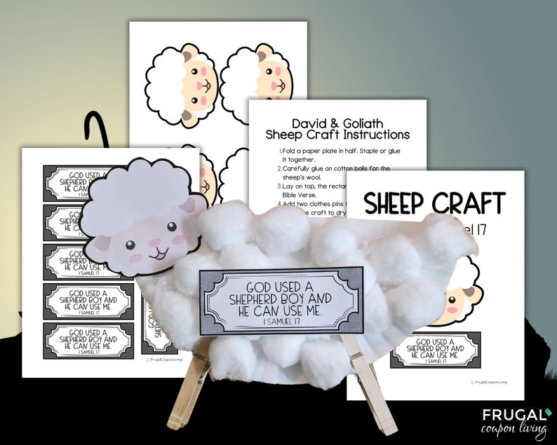 May include: A craft project for kids to make a sheep using a paper plate, cotton balls, and a printable Bible verse. The verse reads "God used a shepherd boy and he can use me. 1 Samuel 17".