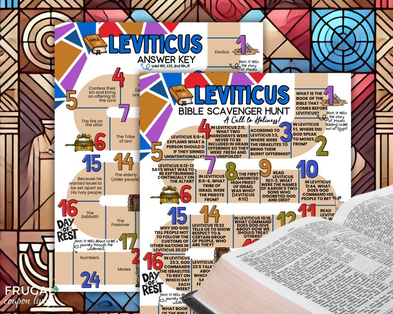 May include: A colorful printable Bible scavenger hunt game for kids with the title "Leviticus: A Call to Holiness!"  The game features a grid with 17 squares, each with a question about the book of Leviticus in the Bible.  The game is designed to help kids learn about the book of Leviticus and its teachings.