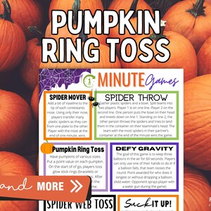 Op de afbeelding: Een afbeelding van oranje pompoenen met een spelgids. De gids beschrijft Halloween-spellen, waaronder Spider Mover, Spider Throw, Pumpkin Ring Toss en Defy Gravity. De tekst "Pumpkin Ring Toss" staat prominent afgebeeld. Afmetingen zijn niet van toepassing.