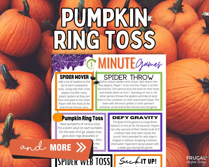 Op de afbeelding: Een afbeelding van oranje pompoenen met een spelgids. De gids beschrijft Halloween-spellen, waaronder Spider Mover, Spider Throw, Pumpkin Ring Toss en Defy Gravity. De tekst "Pumpkin Ring Toss" staat prominent afgebeeld. Afmetingen zijn niet van toepassing.