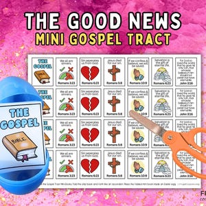 May include: A blue plastic Easter egg with a mini gospel tract inside, featuring Bible verses and illustrations. The text "THE GOOD NEWS MINI GOSPEL TRACT" is at the top. Orange scissors are next to the tract. The background is pink.