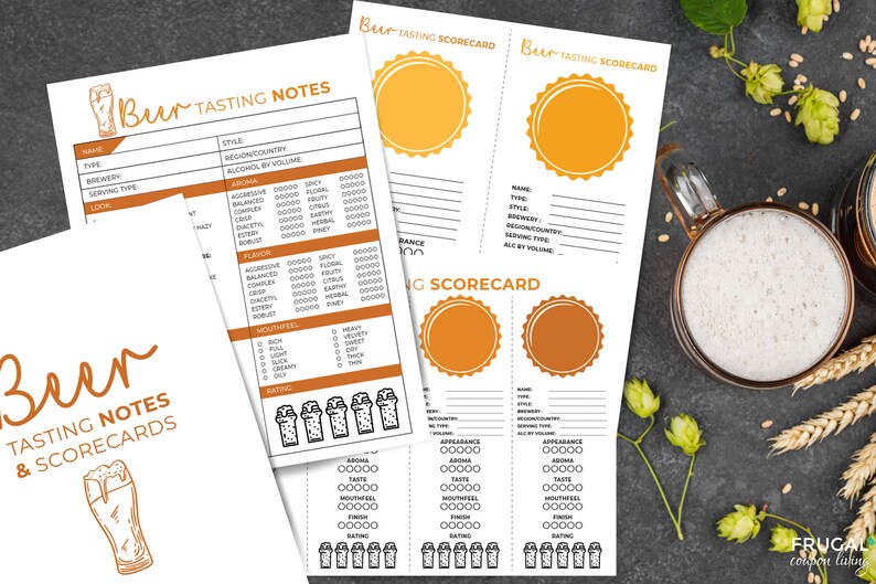 May include: White paper beer tasting notes and scorecards with orange accents. The text "Beer Tasting Notes & Scorecards" is visible. The scorecards have spaces for appearance, taste, and finish.