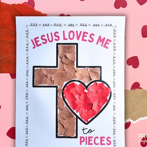 Jesus Loves Me to Pieces Mosaic Heart Craft for Kids, Cross Torn Paper Heart Craft, Valentine's Day Art Activity, Christian Valentine Craft