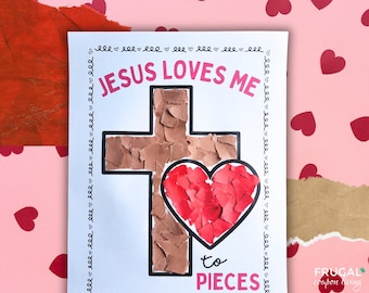 Jesus Loves Me to Pieces Mosaic Heart Craft for Kids, Cross Torn Paper Heart Craft, Valentine&#39;s Day Art Activity, Christian Valentine Craft