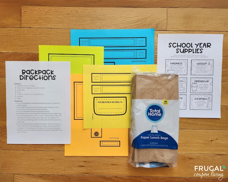 May include: A set of printable school supplies for children, including a backpack template, paper lunch bags, and a school year supplies checklist with words like kindness, wisdom, friendship, and strength.