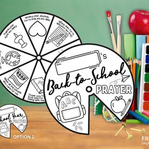 Może przedstawiać: Czarno-białe, drukowane koło modlitewne powrotu do szkoły z plecakiem, jabłkiem i alfabetem. Koło ma sekcję do wpisania imienia i sekcję do wpisania modlitwy. Tekst na kole brzmi "Modlitwa powrotu do szkoły".