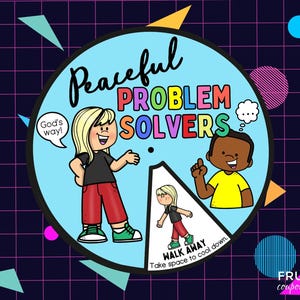 Może przedstawiać: Kolorowa ilustracja z tekstem "Peaceful Problem Solvers". Przedstawia postacie z kreskówek dzieci i frazy "God's way!" i "Walk away. Take space to cool down." Tło ma geometryczne kształty.