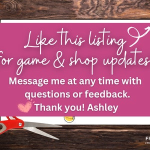 K&ouml;nnte beinhalten: Rosa-wei&szlig;e Karte mit dem Text "Like this listing for game & shop updates! Message me at any time with questions or feedback. Thank you! Ashley" und einer roten Schere.