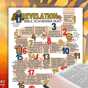 May include: A colorful printable Bible scavenger hunt game with a book of Revelation theme. The game features 19 numbered squares with questions about the book of Revelation. The questions are based on verses from the book of Revelation. The game is designed to be played by children or adults.